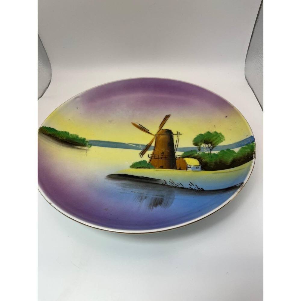 Vintage 1920s Japanese Porcelain Windmill Plate Hand Painted Sunset Scene 7.5"